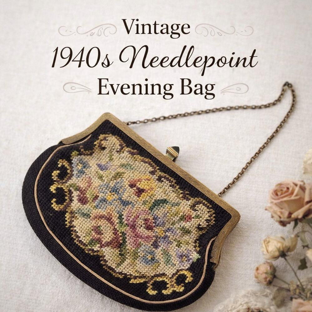VTG 1940s Needlepoint Floral Evening Bag Brass Frame Chain Purse Petit Clutch